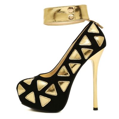 Detachable Ankle Strap Gold Triangle Pattern Paned Black Pumps